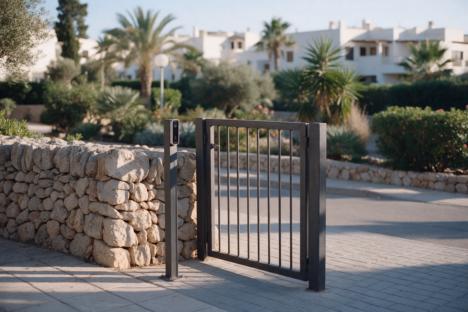 Puerta peatonal automática en la entrada de una urbanización