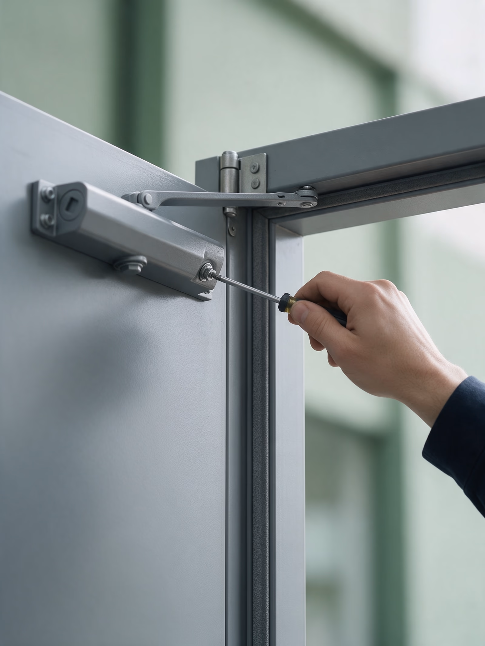 Técnico ajustando el cierrapuertas hidráulico de una puerta cortafuegos