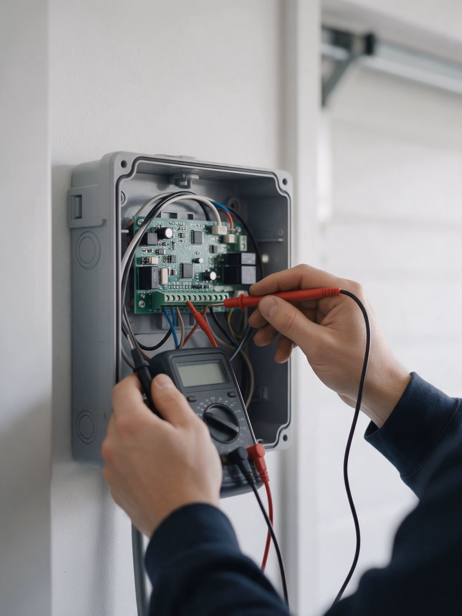 Técnico midiendo con un polímetro el cuadro de maniobra de una puerta automática para localizar la avería