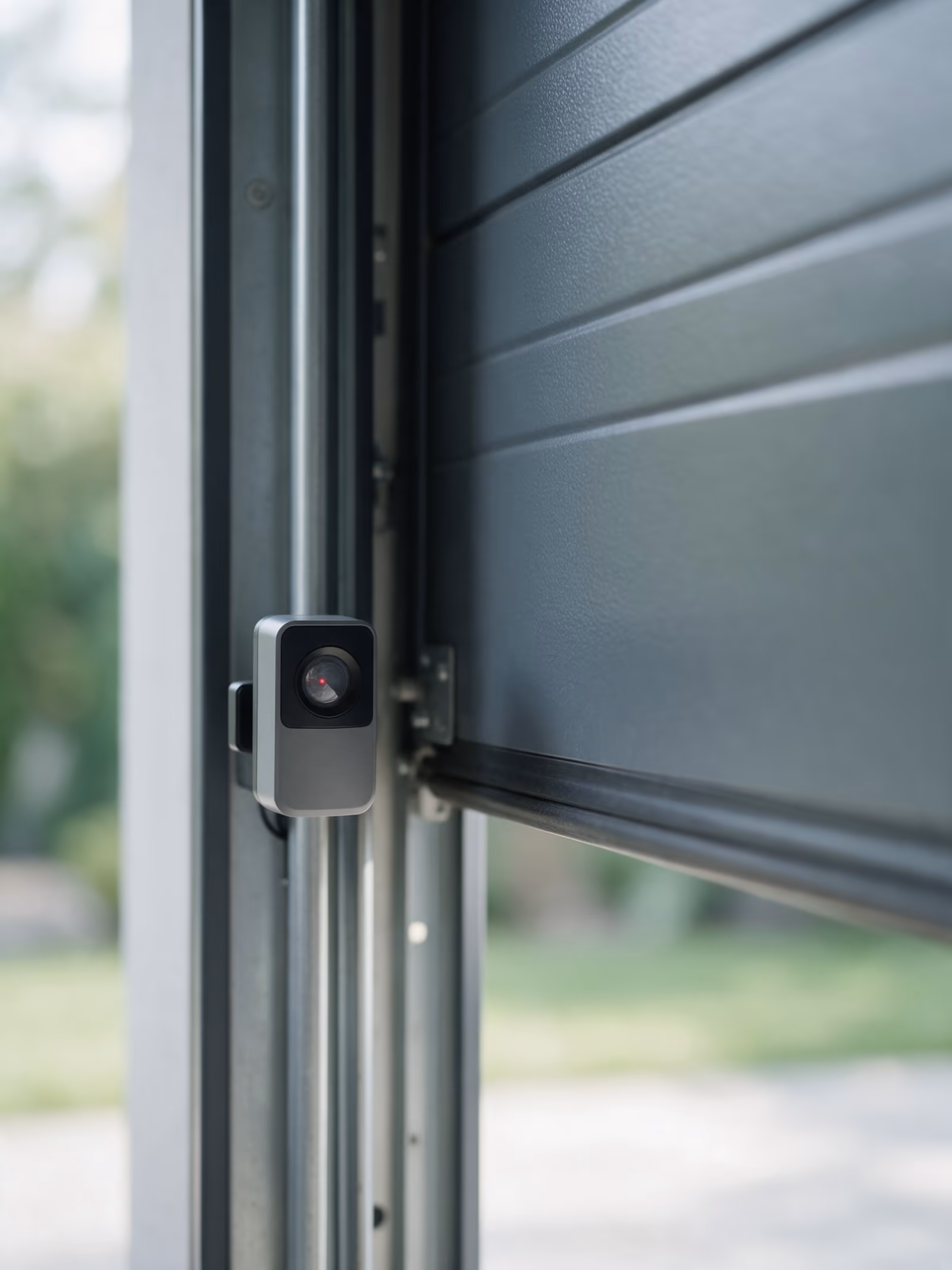 Fotocélula de seguridad montada en el marco de una puerta automática de garaje