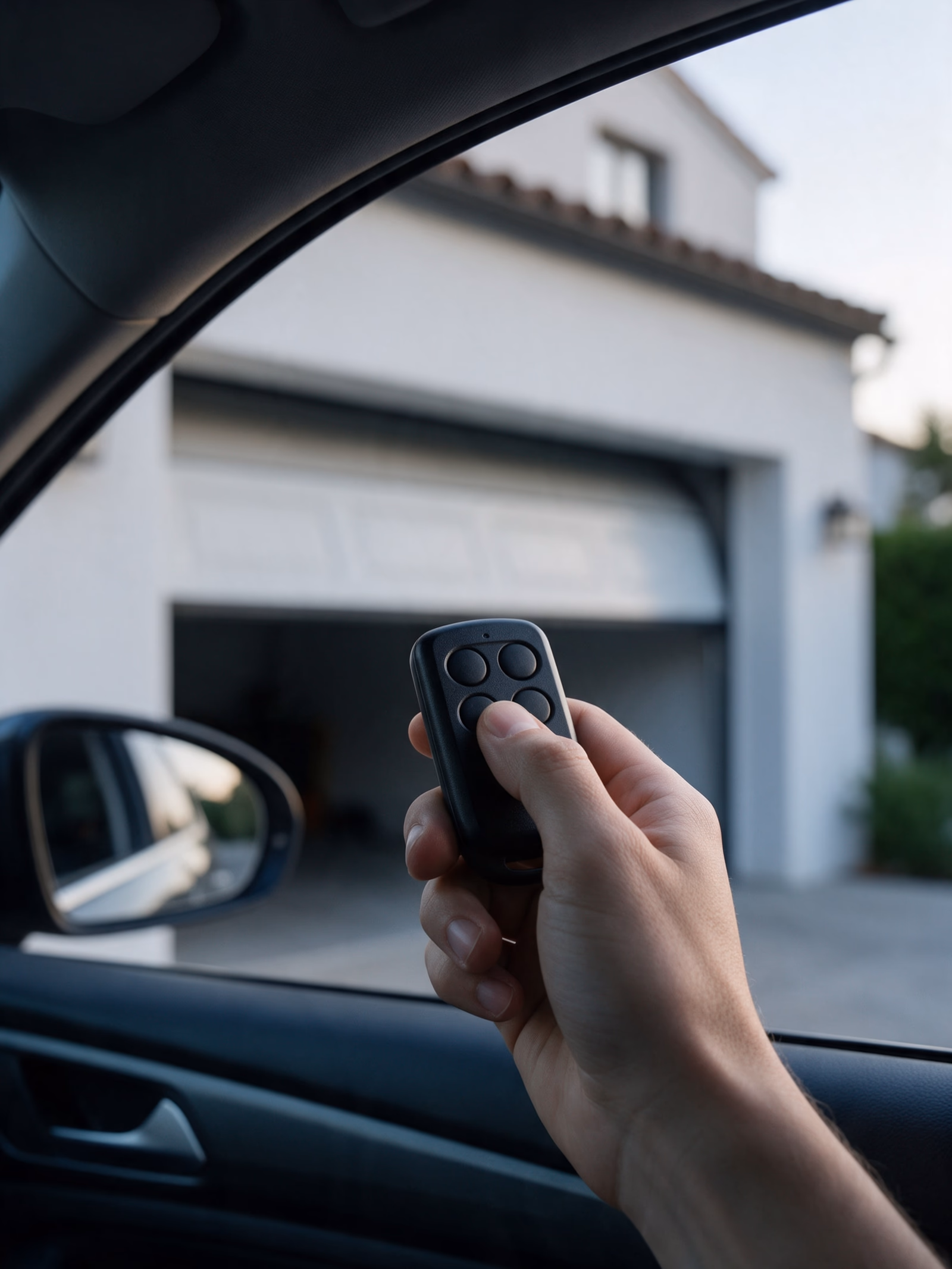 Mano accionando el mando a distancia de la puerta automática del garaje desde el coche