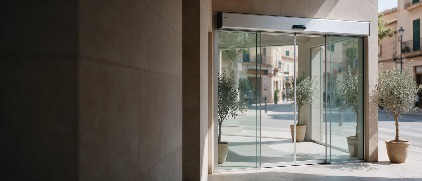 Puerta automática corredera de cristal de dos hojas en la entrada de una tienda
