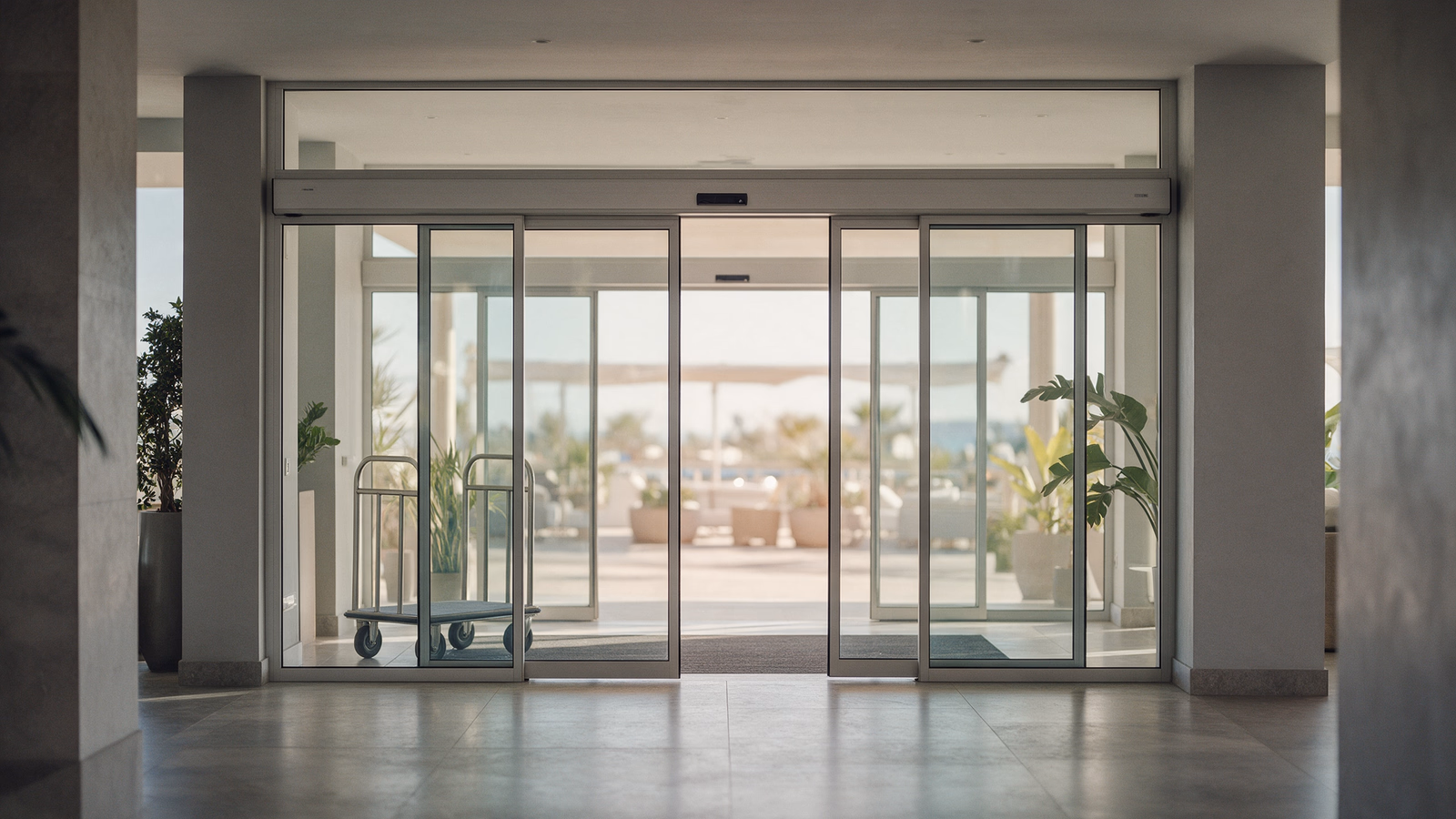 Puerta automática telescópica de cristal en la entrada de un hotel de Mallorca