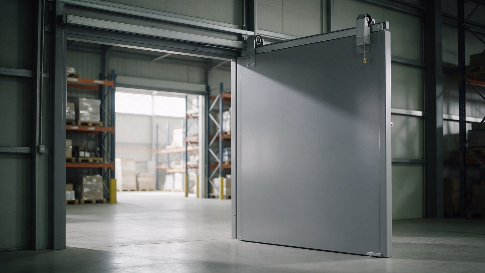 Puerta cortafuegos corredera de gran tamaño en una nave industrial con estanterías