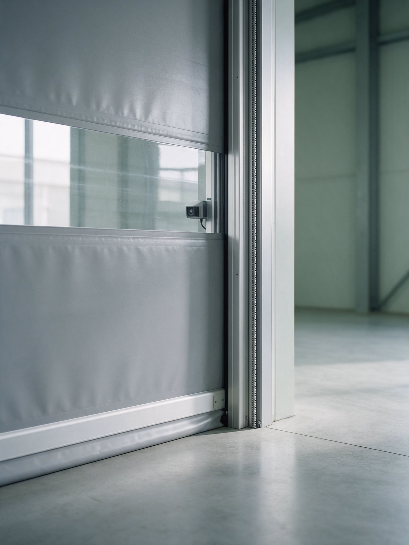 Guía lateral y borde inferior de seguridad de una puerta rápida de lona con banda transparente