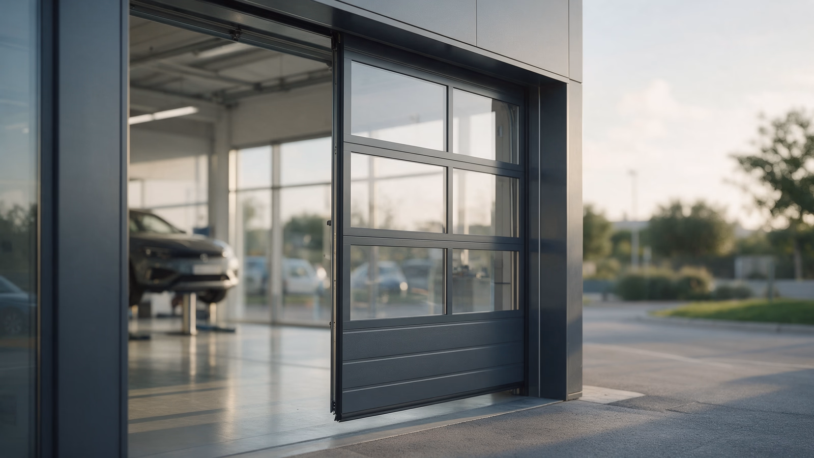 Puerta seccional acristalada en el taller de un concesionario de coches