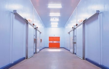 Puertas industriales en almacén con paredes blancas y suelo de concreto.