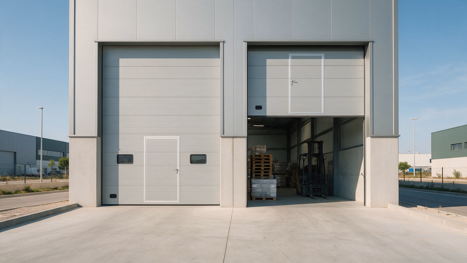 Puertas seccionales industriales con puerta peatonal en una nave de un polígono de Mallorca