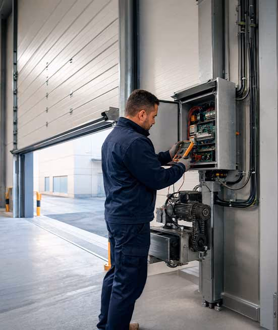 Técnico reparando el motor de una puerta industrial automática