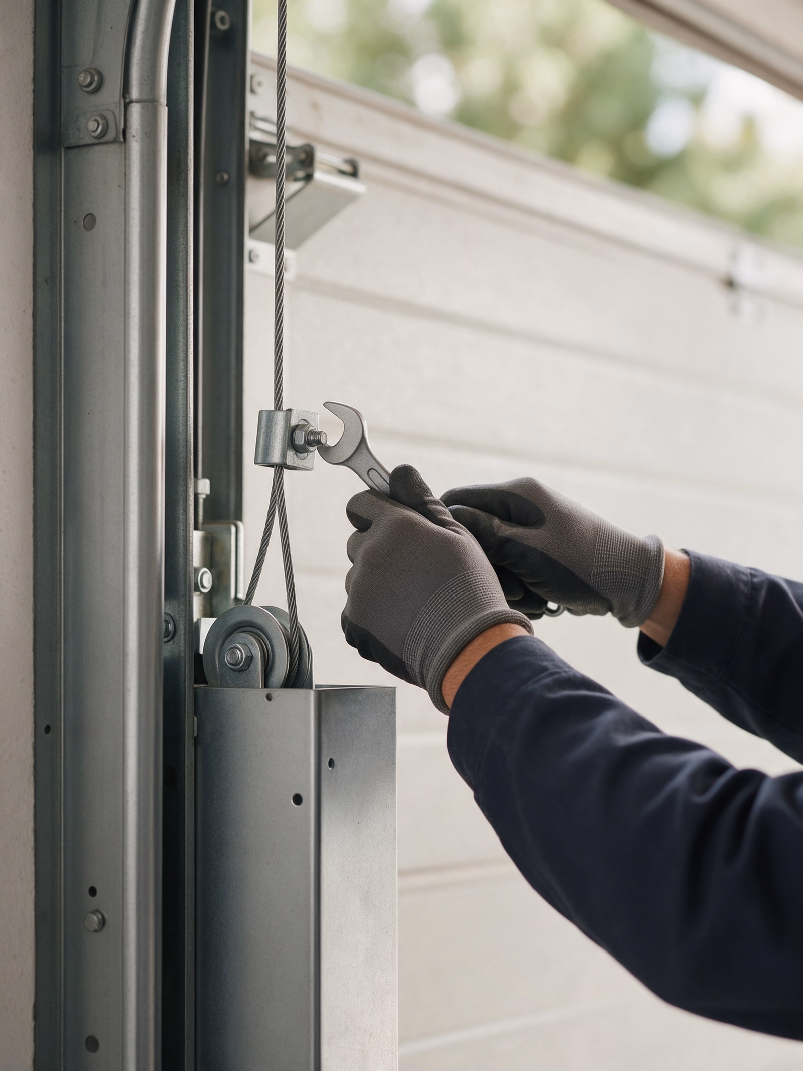 Técnico ajustando el cable y la polea del contrapeso de una puerta basculante