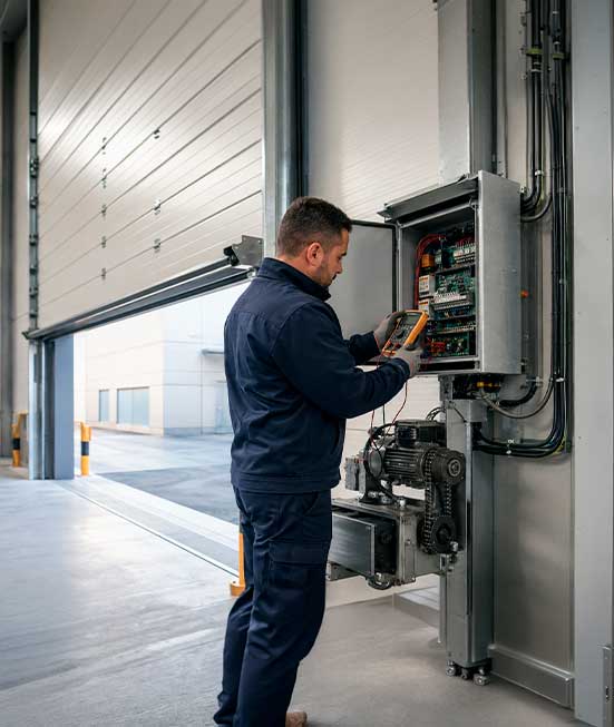 Técnico reparando el motor de una puerta industrial automática