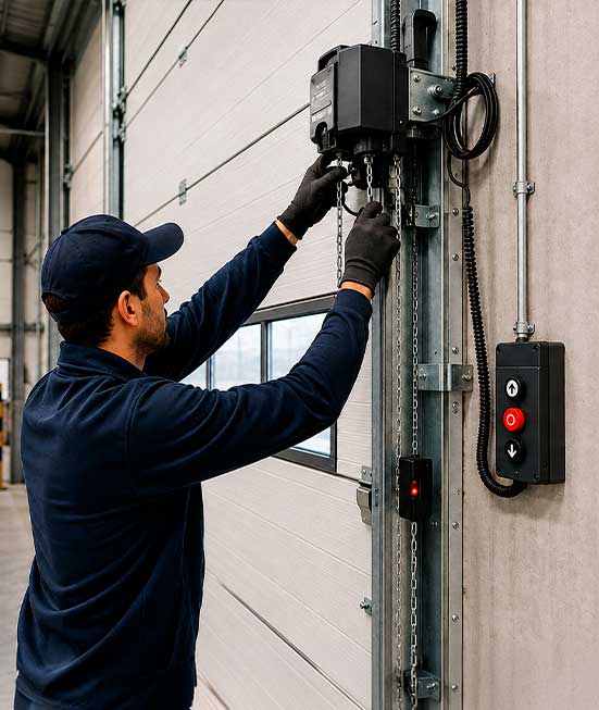 Técnico instalando el automatismo de una puerta industrial