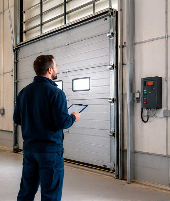 Técnico revisando una puerta seccional industrial